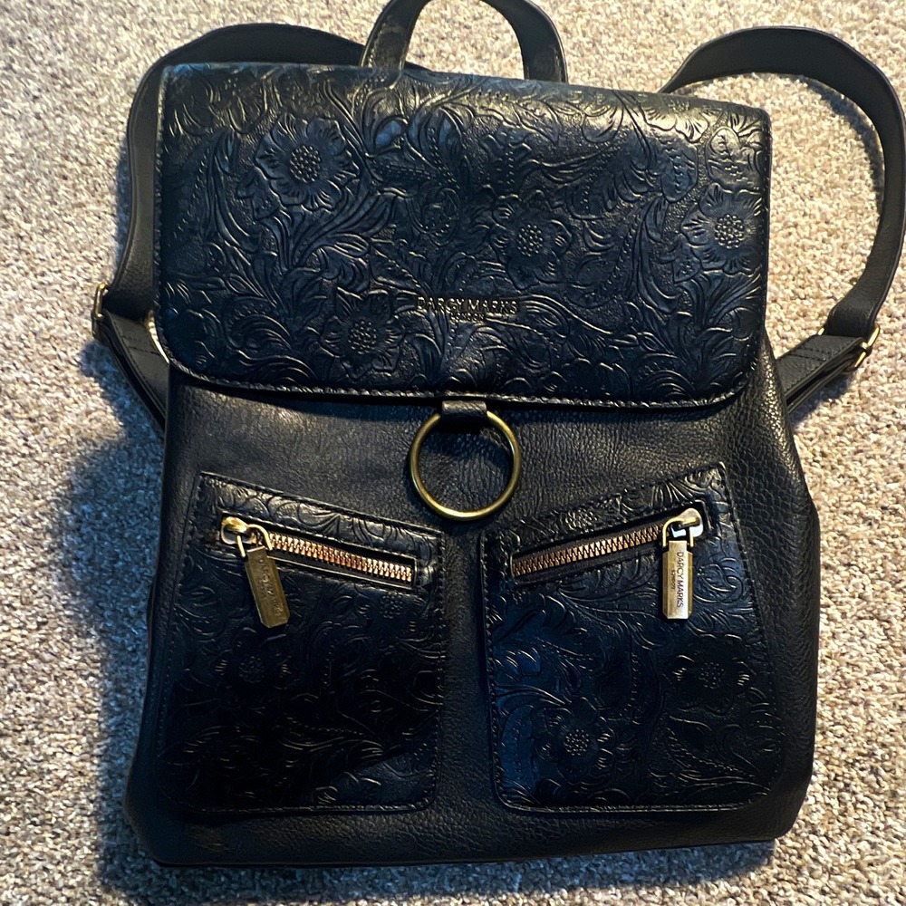 Darcy Marks Black Embossed Floral Backpack Gold Hardware Lined Pocketed